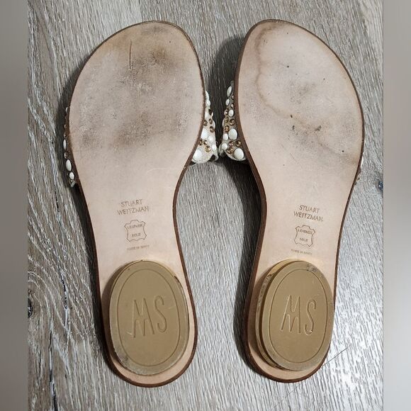 Stuart Weitzman Beige Textured Suede Studded Thong Slides  7.5 - Picture 6 of 8